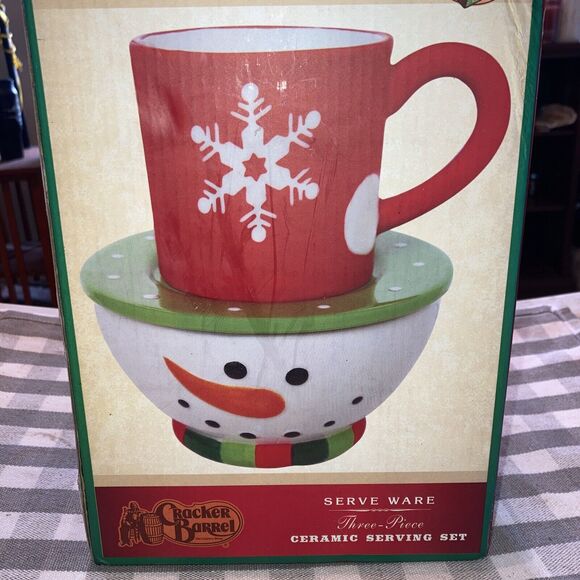 NIB 3 PC Ceramic Serving Set Merry Merry Christmas Serve Ware  Cracker Barrel BD - Picture 2 of 3
